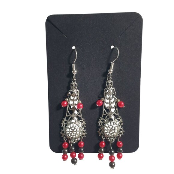 Metal Filigree Chandelier Earrings With Red Black Beads Dangling Hook Design - Picture 4 of 5